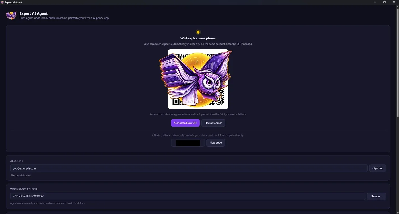 Expert AI Agent connection and pairing screen