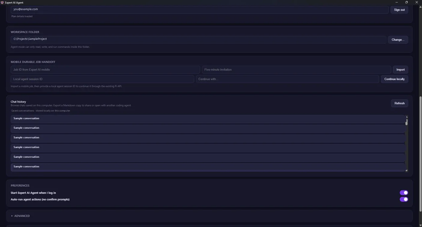 Expert AI Agent settings and history screen