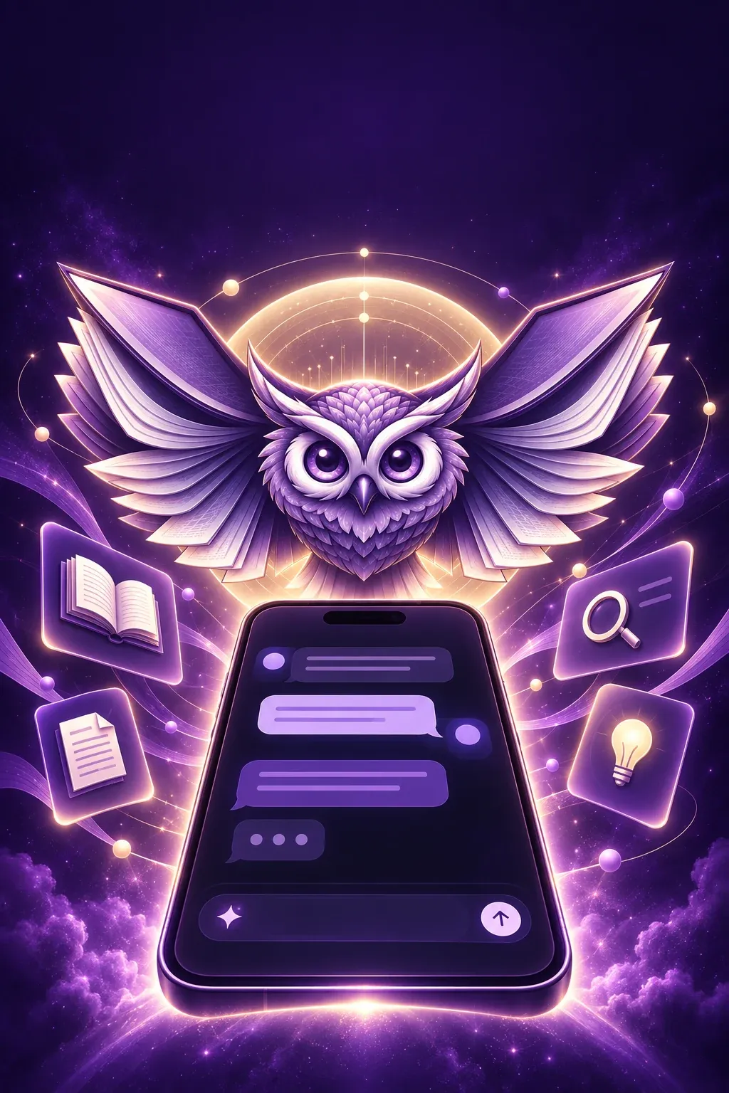 Expert AI owl and mobile app store artwork