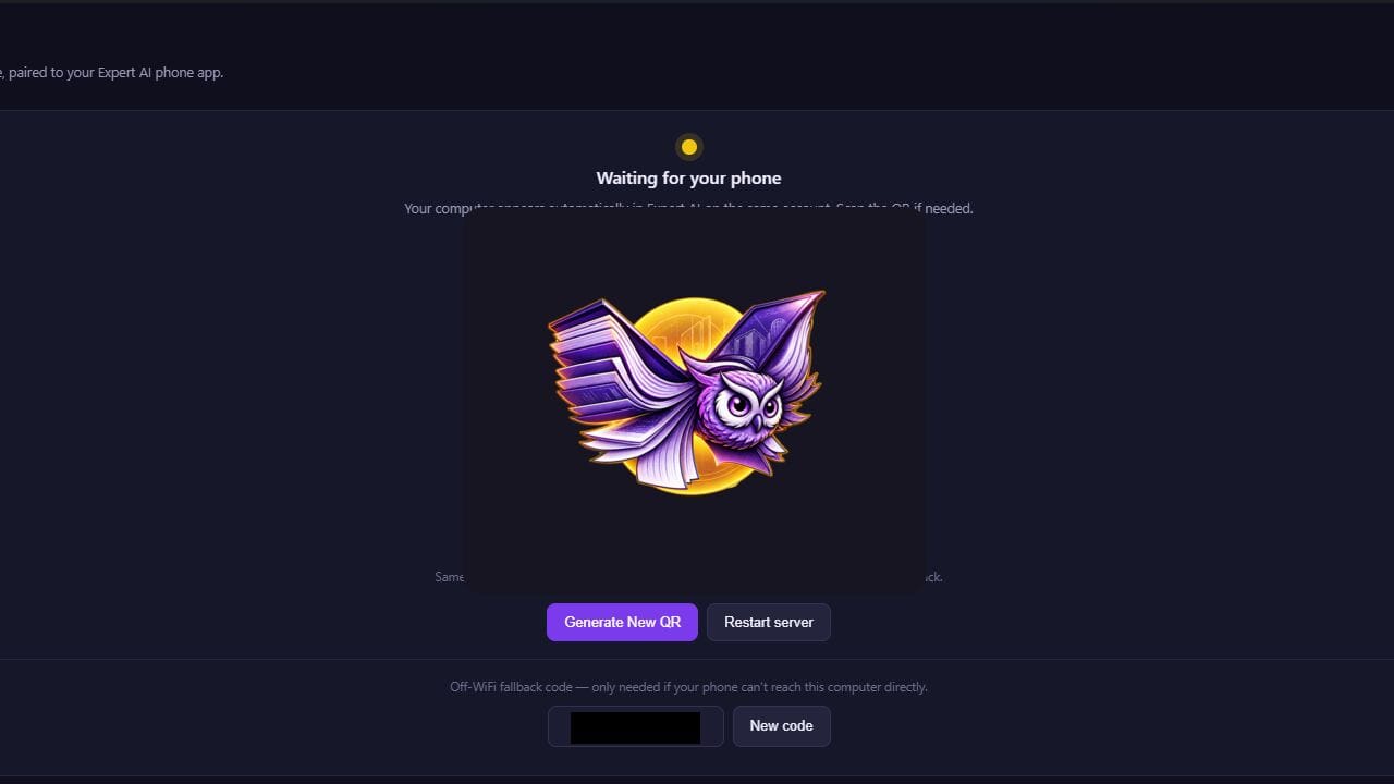 Expert AI Agent desktop pairing window, with temporary codes removed