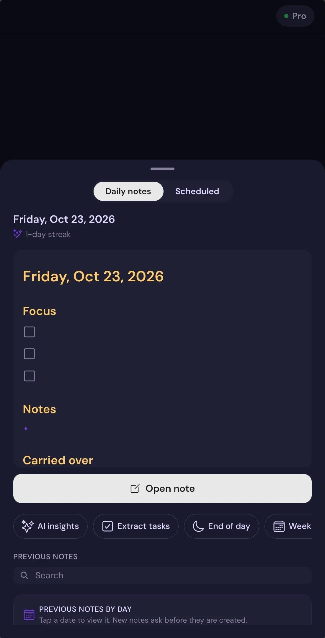 Expert AI daily notes view with previous notes and planning